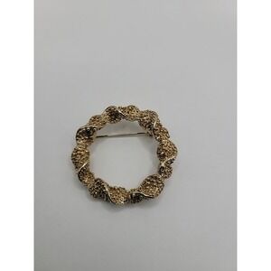 Vintage Emmons Gold Tone Wreath Circle Brooch Textured Nugget Mid Century